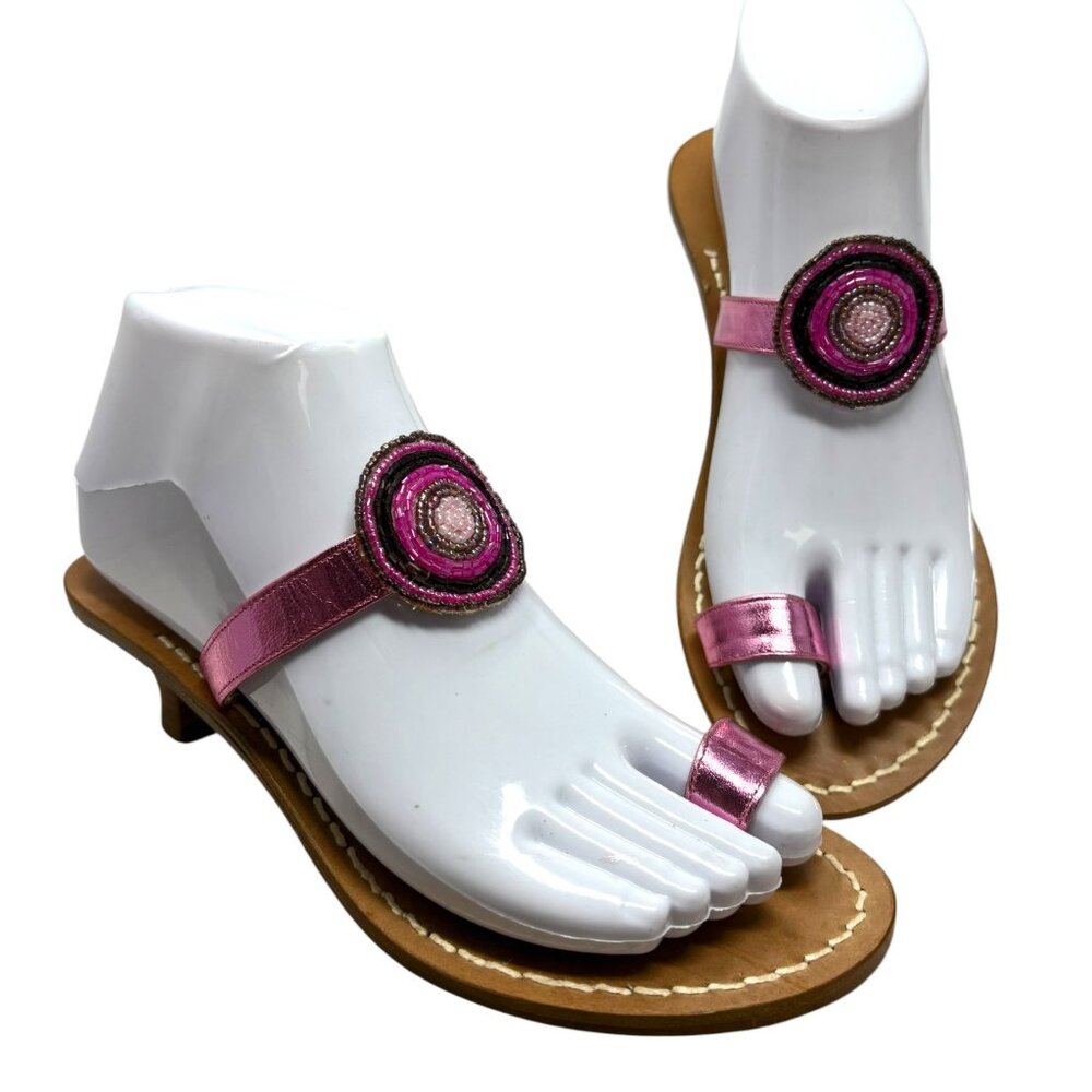 CAPRI SANDALS Violet Metallic Leather Beaded Accent Toe Ring‎ Slides
